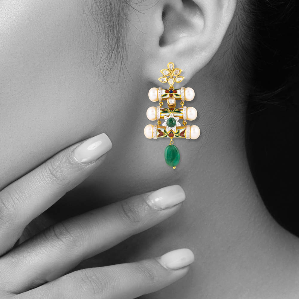 Floral Enamel Pendant Set with Pearls & Emerald Drops